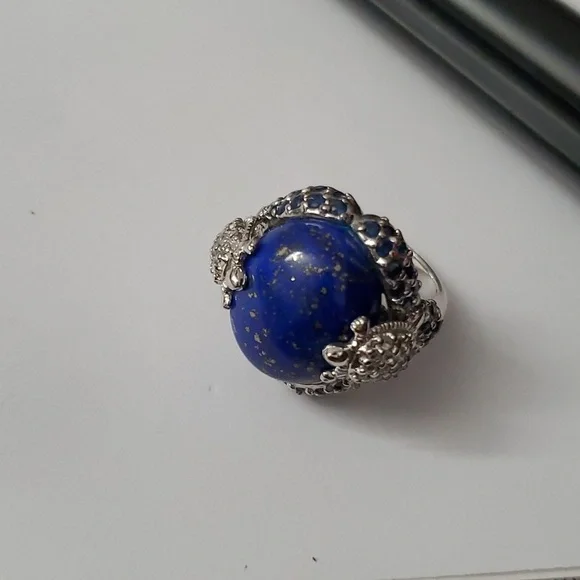 Sterling Silver 925 Lapis Lazuli Turtle Sapphire Halo Ring - Picture 2 of 10